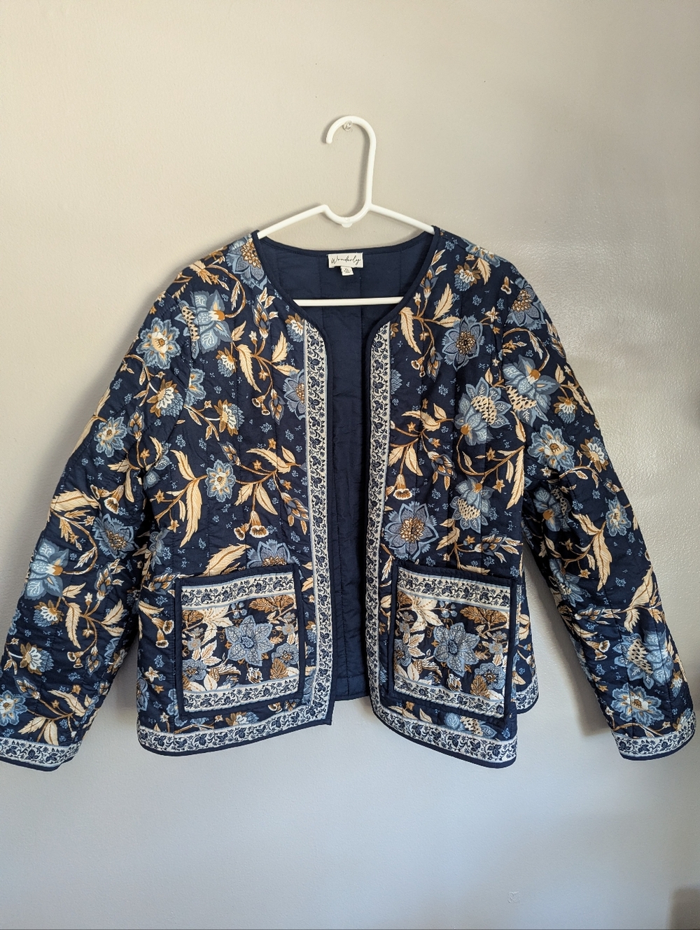 Wonderly Navy Quilted Floral Embroidered Jacket